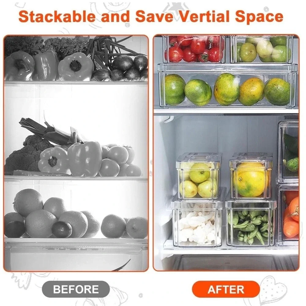 Pure Future 3 Pack Stackable Fridge Organizer Bins with Lids and Removable Drain